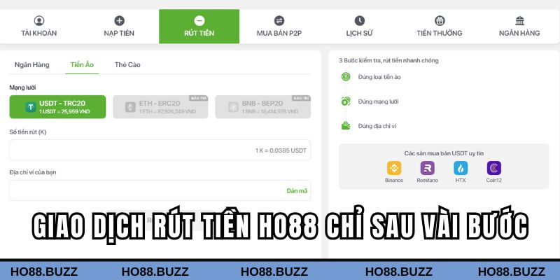 Giao dịch rút tiền HO88 chỉ sau vài bước